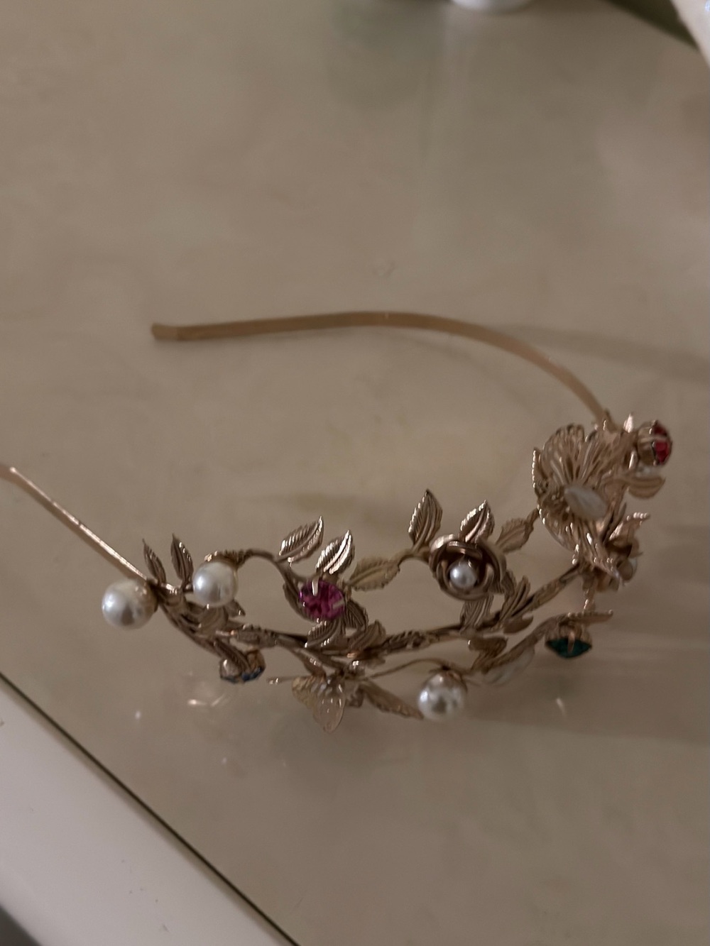 Gold-Tone Floral Pearl Headband with Multicolor Gem Accents. Head Coronet